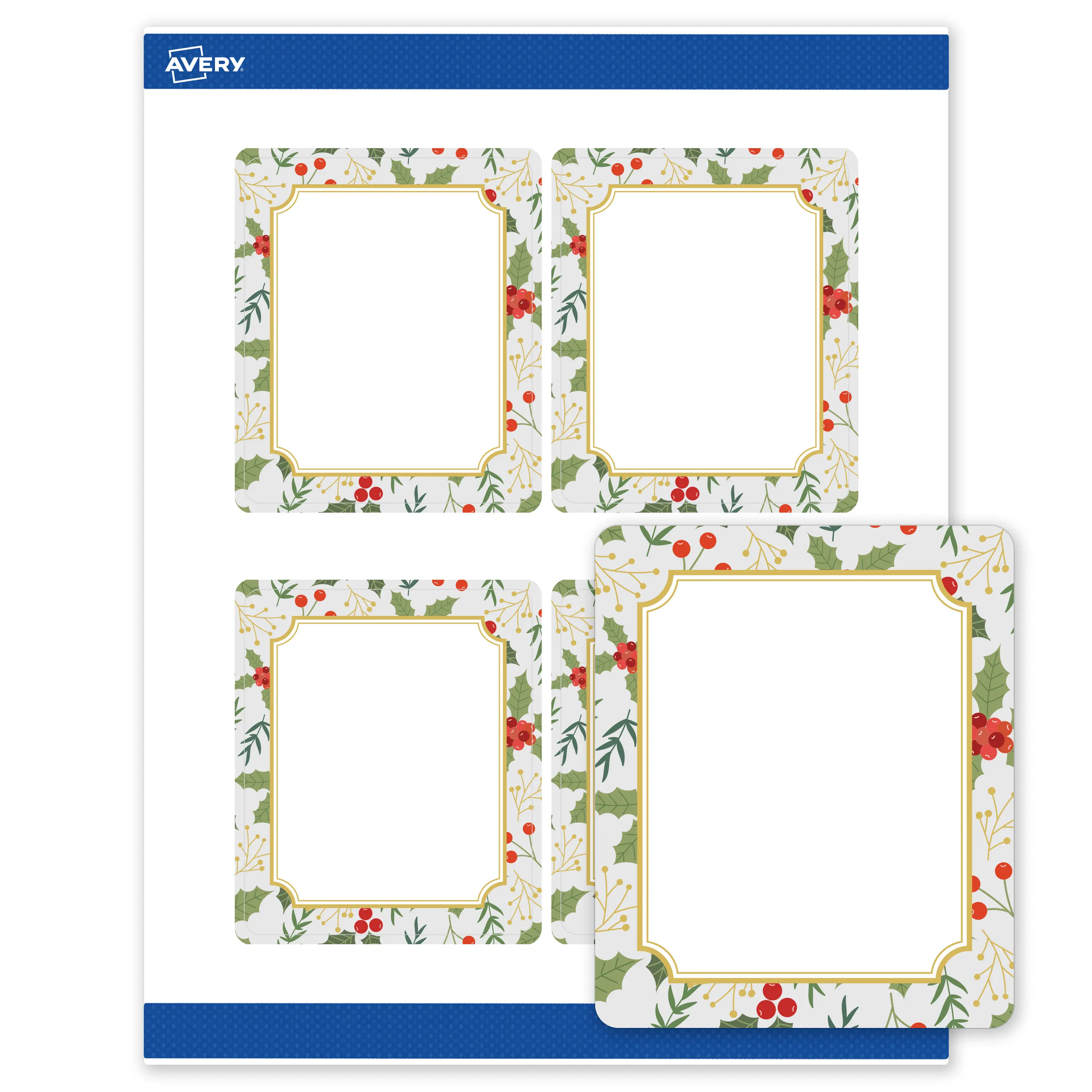 Avery® Printable Christmas Label Set with Sure Feed® Technology, Rectangle 4"x3-1/3", Pre-Printed Light Blue Border & Metallic Gold Frame, Matte White, Laser & Inkjet Compatible, 40 Total Labels, Bottle Labels