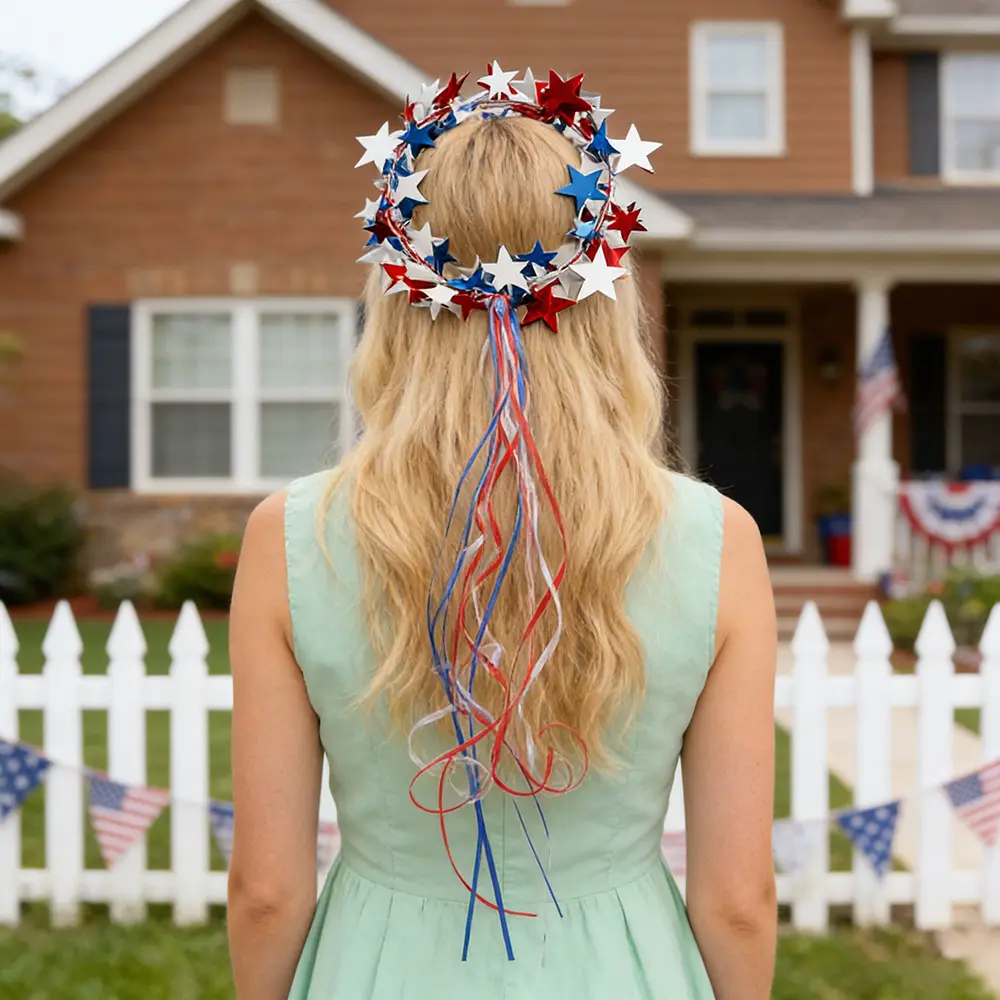 Star & Streamer Headband - Festive Red, White, Blue Tassel Headpiece, Sports & Outdoor Hat Accessory for Celebrations with Star Decor, Accessories