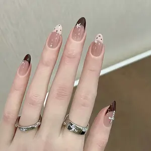 30pcs Sweet French Cat Eye Nails, Cute Dots Stars Shimmer Press-On Nails, Almond Shape, Medium Length, Fashionable for Parties