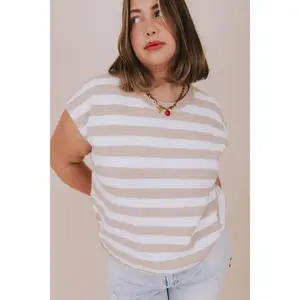PLUS SIZE Thanks A Latte Top - Stone & Off-White Striped Cap Sleeve Knit Top with Crew Neck Ribbed Cuffs & Rolled Edges
