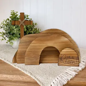 Empty Tomb Display Easter Decor, Religious Decor, Christian Resurrection Scene Creche Decoration, He Is Risen Jesus Tomb Ornament, Wooden Cross Decorations for Farmhouse, Tiered Tray and Fireplace