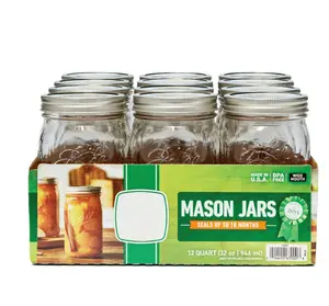 12 Count Glass Mason Jars with Lids and Bands - 32oz. Mouth Quart - Tin, Drinkware Containers Kitchen