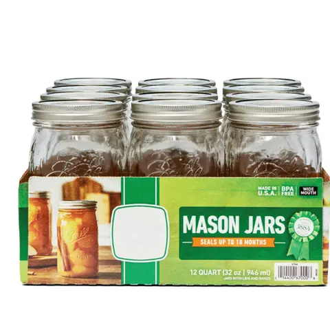 12 Count Glass Mason Jars with Lids and Bands - 32oz. Mouth Quart - Tin, Drinkware Containers Kitchen