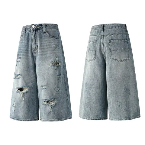 Retro light washed distressed wide leg denim shorts, Y2K loose knee length denim cropped pants, streetwear