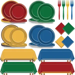 100Pcs Magical Party Plates and Napkins Magic Paper Tableware Set Tablecloths Birthday Decorations Red Green Blue Yellow Disposable Table Cloth Supplies for Boy Girl Baby Shower Serve 24