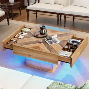 YITAHOME Coffee Tables for Living Room, Modern Coffee Table with Storage, Square Wood Coffee Table with 2 Sliding Drawers, Led Center Table for Living Room, Brown