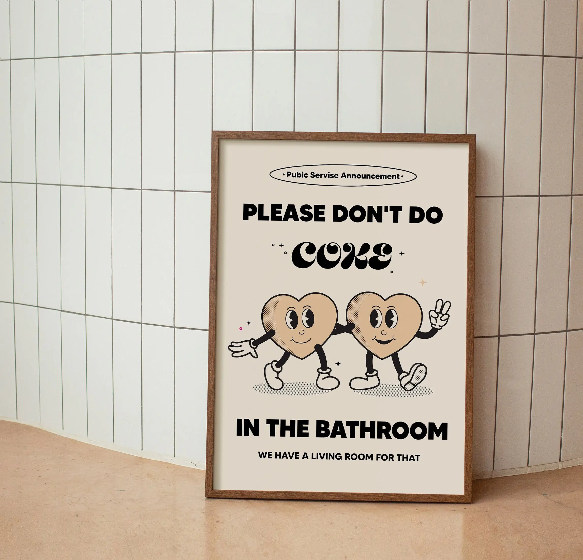 Don't Do Coke In The Bathroom, Retro Hearts Print, Cool Bathroom Print, Trendy Retro Print, Party Poster, Funny Poster No Frame 