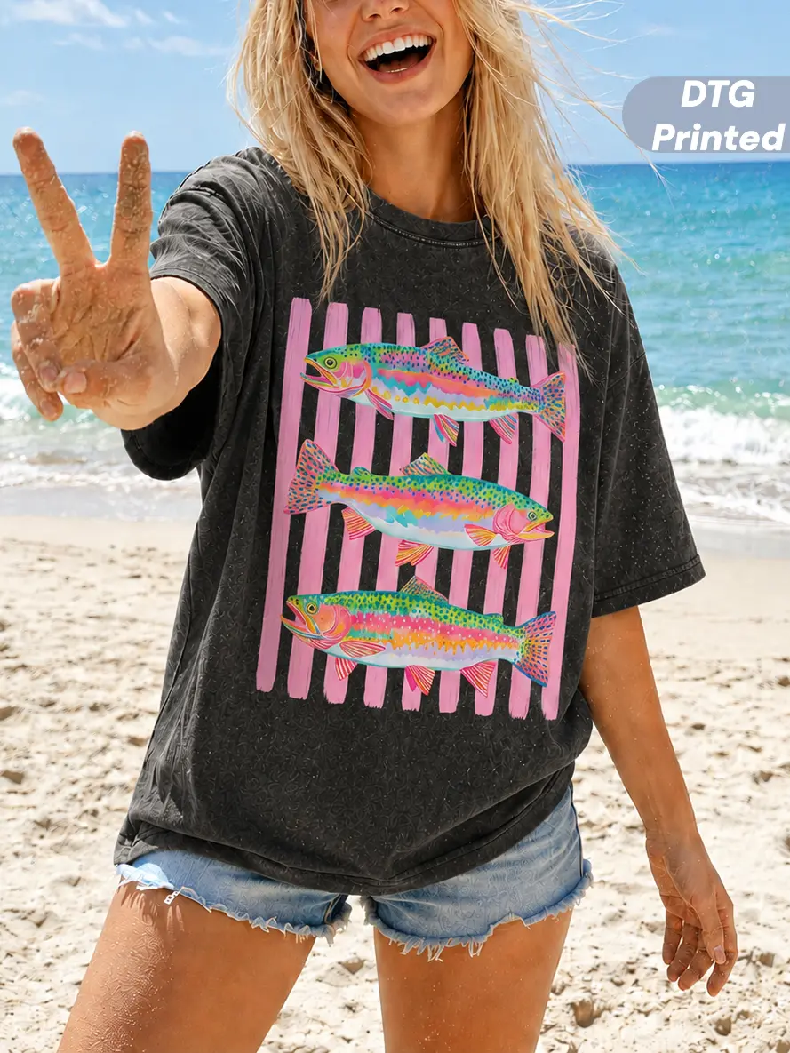 MUSEBEAU 100% Cotton DTG Printed Fish Shirt, Rainbow Trout Fishing Shirt,Preppy Summer Graphic Tee,Vintage Washed Graphic T-Shirt,Short-Sleeve Womenswear Top,Bright Color Fish T-Shirt, Outdoor Girls Fishing Shirt,Summer Outfit,back to school shopping