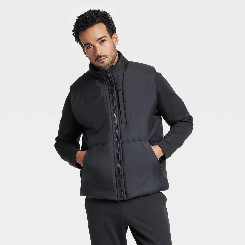 Men's Puffer Vest - All In Motion Black M: Lightweight Recycled Polyester Front Pocket