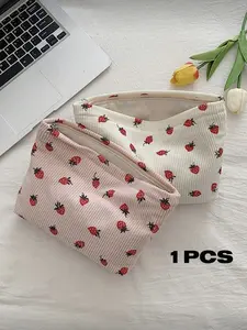 New Fashion Corduroy Strawberry Print Handbag, Large Capacity Casual Makeup Bag, Travel Organizer, Convenient for Lipstick, Brushes, Foundation