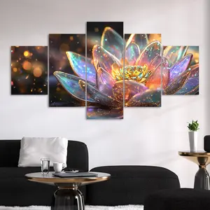 5 Counts Unframed Canvas Poster, Magic - Color Golden Lotus Poster, Exquisite Poster, Perfect Living Room Decoration, Modern Art, Fashion Family Poster, Wall Art Decoration, High-Definition Printing, Waterproof, Artwork, Flower Leaf Print, Artistic