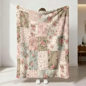 1 piece of retro pink rose patchwork style floral print flannel blanket Rose Flower Blanket soft and comfortable bed blanket sofa blanket camping and other uses available all year round