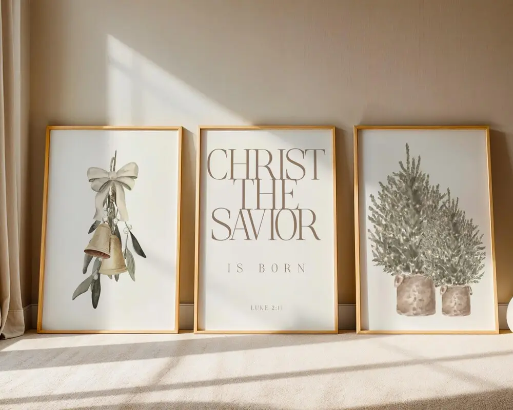 Neutral Christmas Wall Art Set of 3 | Christ the Savior Is Born Print | Rustic Holiday Printables | Luke 2:11 Scripture Christmas Decor
