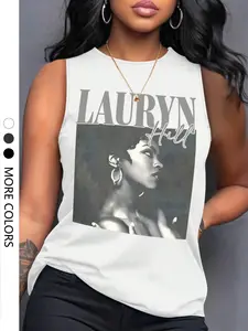 Women's Summer Casual Loose Vest, Fashion Character Portrait & Letter Print, Soft Comfortable Home Essential, All Seasons Wear