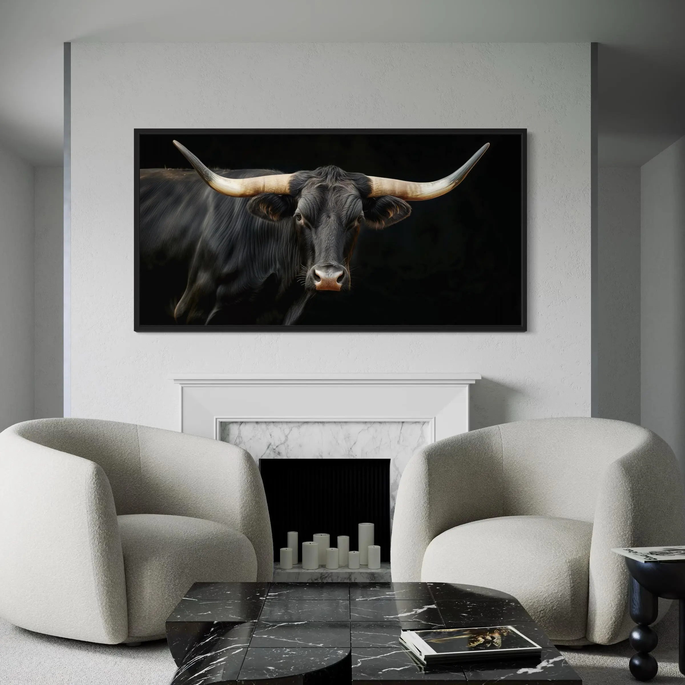 Black Texas Longhorn Cow Extra Large Wall Art - Farmhouse, Living Room Art - Realistic Longhorn Photo Style UnFramed Ready To Hang