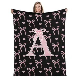 Alphabet A–Z print flannel throw blanket for teen girls, black/pink monogram flannel blanket, personalized gifts for daughter, women, ladies, custom blanket for bedding, bedroom, office