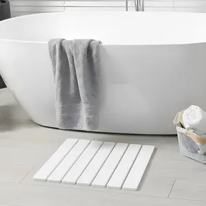 Foldable Stone Bath Mat, 15.7"x11.8" Diatomaceous Earth Bath Mat, Non-Slip Quick Dry Bathroom Floor Mats, Super Absorbent, Easy to Clean, Stone Bathroom Floor Mats for Bathtub Front - White