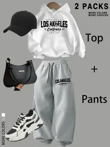 Women's Hooded Sweatshirt Set with Kangaroo Pocket & Fleece Lining, Los Angeles Letter Print, Casual Summer, Long Sleeve + Pants, Drawstring, Womenswear Clothes