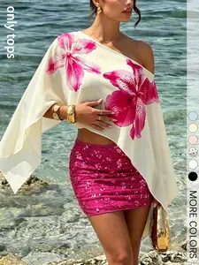 Women's Boho Floral Print Shawl, One-Shoulder Cropped Top, Perfect for Beach and Vacation