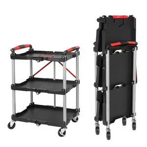 Foldable Utility Service Cart,  3 Shelf Heavy Duty Plastic Rolling Cart with 360° Swivel Wheels (2 with Brakes), Ergonomic Handle, Portable Garage Tool Cart for Warehouse Office Home