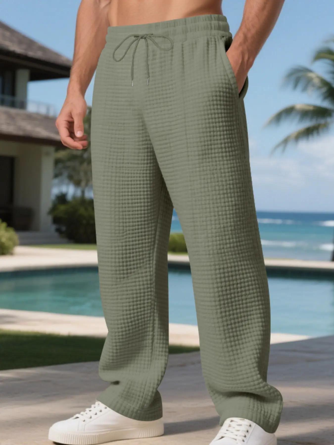 Men's Waffle Texture Wide Leg Pants, Soft Breathable Drawstring Waist, Loose Fit Daily Wear, Casual Comfy Sporty, Casual Sports Long Trousers, Casual Athletic Pants, Knitted Sports Pants