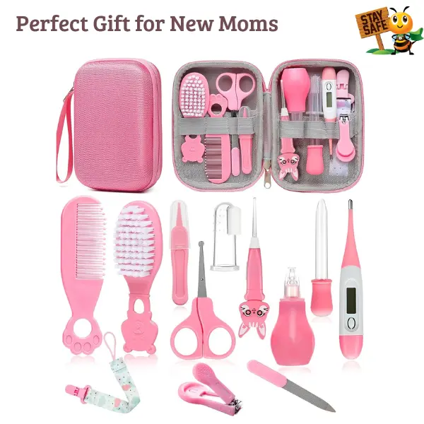 Unisex 13-in-1 Antibacterial Eco-Friendly Baby Grooming Kit for Newborns, Infant Nail Clippers, Hair Brush, Nasal Aspirator & Thermometer, Baby Care Essentials for Travel & Home, Secure