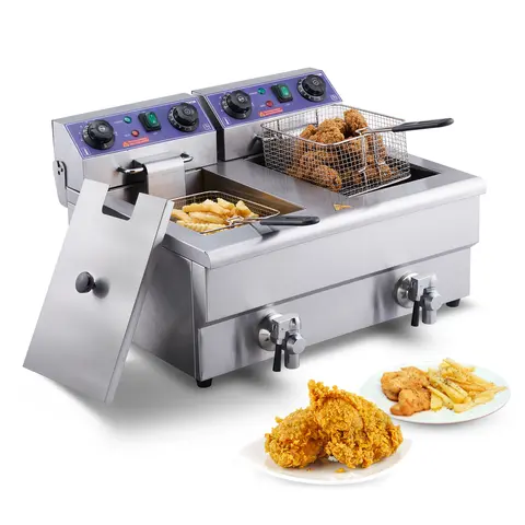 【toolupgrade】VEVOR Commercial Electric Countertop Deep Fryer, 24L 3000W Dual Removable Baskets, Stainless Steel, Time Control, Oil Filtration, Adjustable Temperature (122°F-392°F), Cool-Touch Handle, Flip-Up Clean Tube, Hang-To-Drain Hook for Restaurants