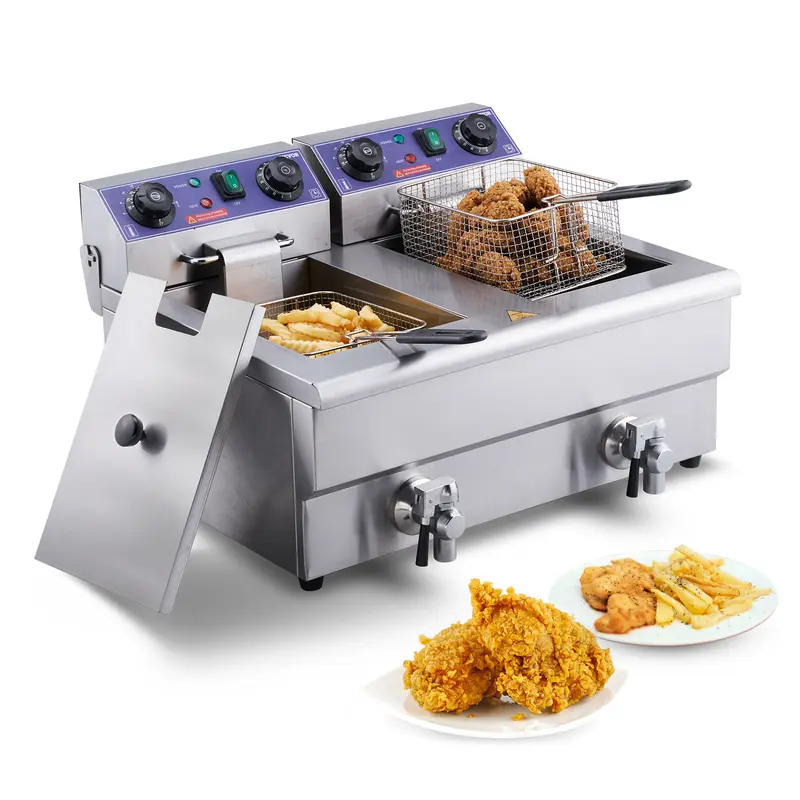 【toolupgrade】VEVOR Commercial Electric Countertop Deep Fryer, 24L 3000W Dual Removable Baskets, Stainless Steel, Time Control, Oil Filtration, Adjustable Temperature (122°F-392°F), Cool-Touch Handle, Flip-Up Clean Tube, Hang-To-Drain Hook for Restaurants