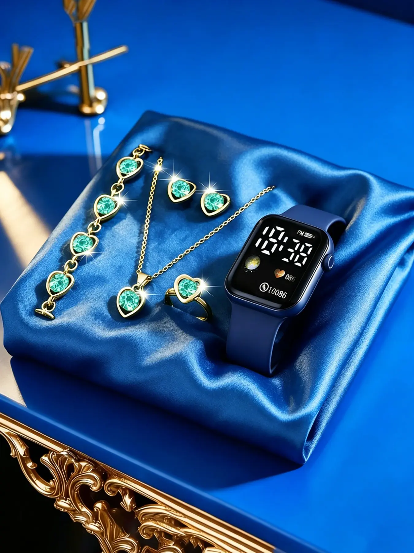 Blue LED Electronic Jewelry Fashion Trendy Watch Set with Heart Pattern, Analog-Digital Display, Buckle Closure, Perfect Gift for All Seasons