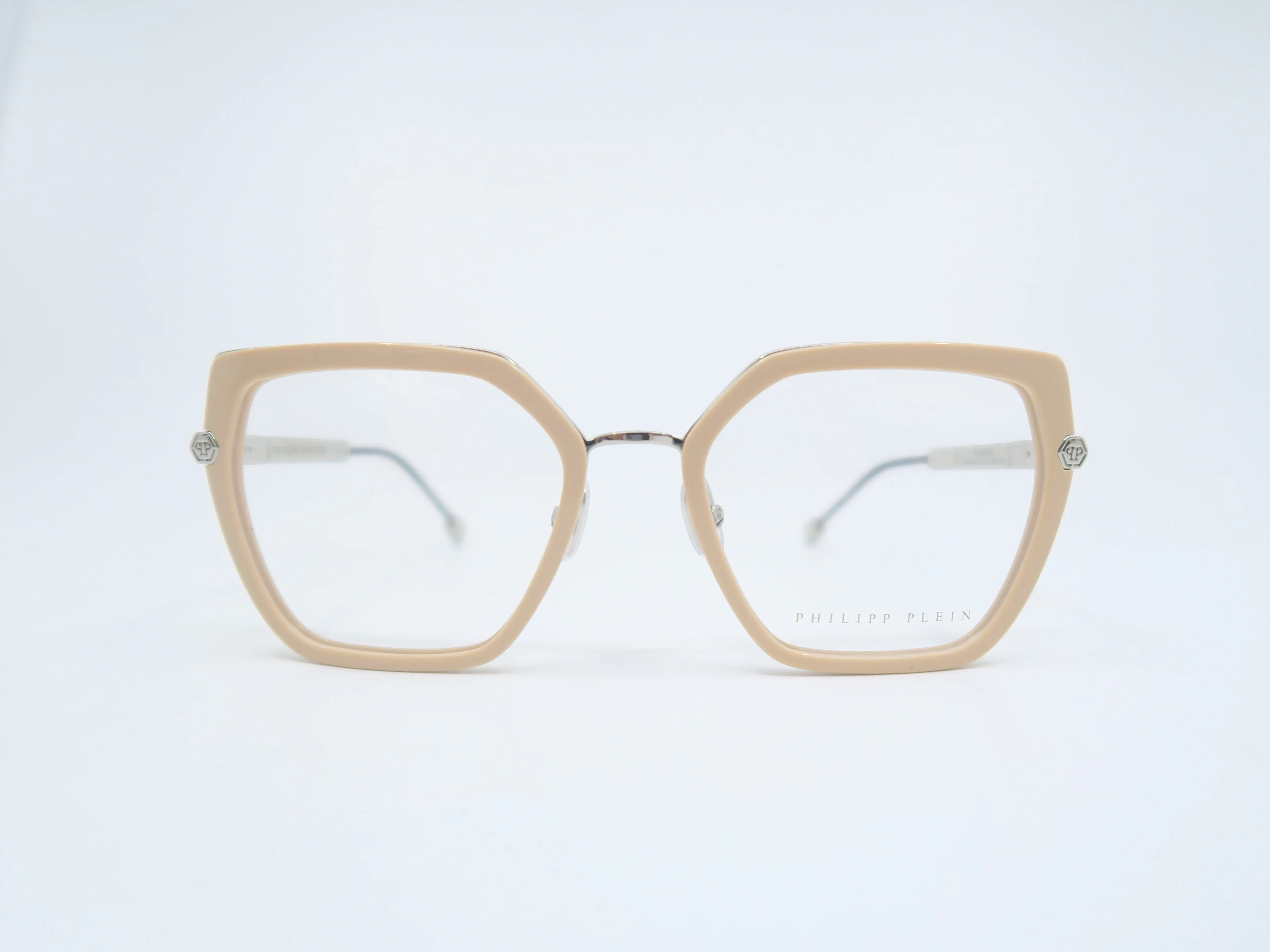 Philipp Plein ICON VPP-036S Col.0579 Beige & Silver Acetate Butterfly Statement Frame Glasses for Females, New Women's Eyewear with Logos, Full Rim, Metal, Round Glasses Frames, Hexagonal, Microfiber Cloth, Engraved In Gold
