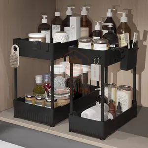 2-Pack Under Sink Organizer – Multi-Purpose Bathroom and Kitchen Organization, Space-Saving, Easy Assembly, Includes Hooks and Hanging Cups