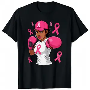 100% Cotton Unisex Women Black African American Fight Breast Cancer Pink Ribbon T-Shirt
