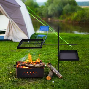 HAOYYE Black Swivel Campfire Grill and Skillet Combo with Adjustable Height Grill Grate, Heavy Duty Portable Camping Grill with Grill Pan and Carry Bag, Ideal for Open Fire Outdoor Cooking