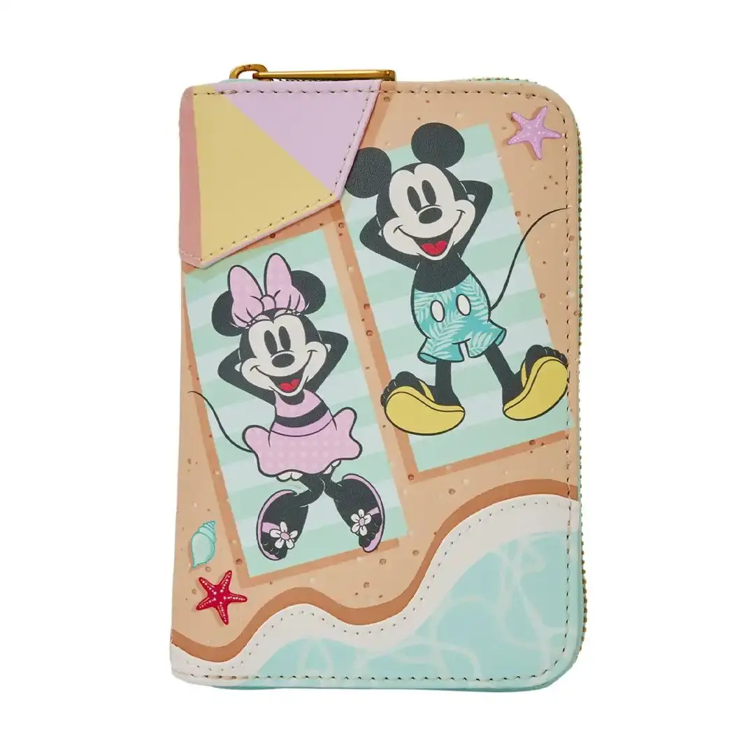 Loungefly Women's Faux Leather Zip-Around Wallet - Disney Mickey & Minnie Beach Fun Design with Graphic, Applique & Debossed Details for Casual Wear, Everyday Carry, Vegan Faux Leather, Beachy Mickey Art, Zip Closure, Wipeclean Ease