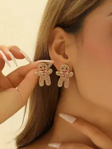 Cute Cartoon Gingerbread Man Design Rhinestone Earrings, Fashion Jewelry for Women and Girls, Christmas New Year Holiday Gift