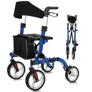 Rollator Walker for Seniors, Lightweight Foldable All Terrain Rolling Walker with seat,12" Rubber Wheels for Smooth Outdoor Use, Compact Folding Design,Height Adjustable 34"-40" for All Users.