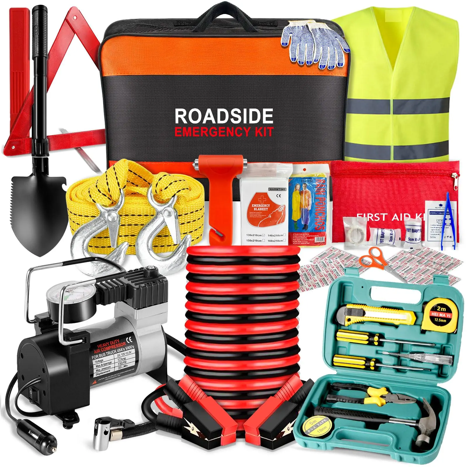 Car Emergency Kit With Air Compressor Roadside For Auto Truck Jumper Cables Winter Safety Folding Shovel Repair Tool Set First Aid Blanket Tow Rope
