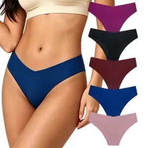 Lady's 5pc Minimalist Thongs, Women's Low Waist V-Shaped Seamless Panties, Soft Skin-Friendly Snug Fit Machine Washable Daily Underwear, Ideal for Fitness, Yoga, and Leggings, Perfect for Dress Pairing