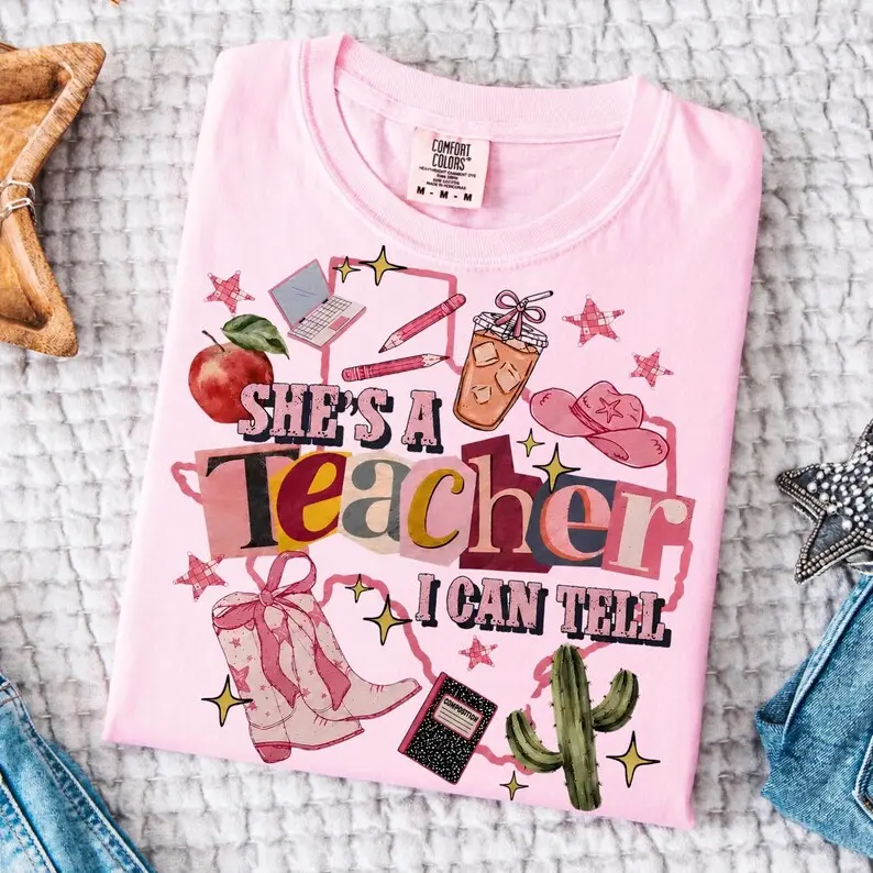 Comfort Colors She's A Teacher I Can Tell Shirt, Funny Teacher Graphic Tee, Teacher Appreciation T-Shirt, Back To School Gift