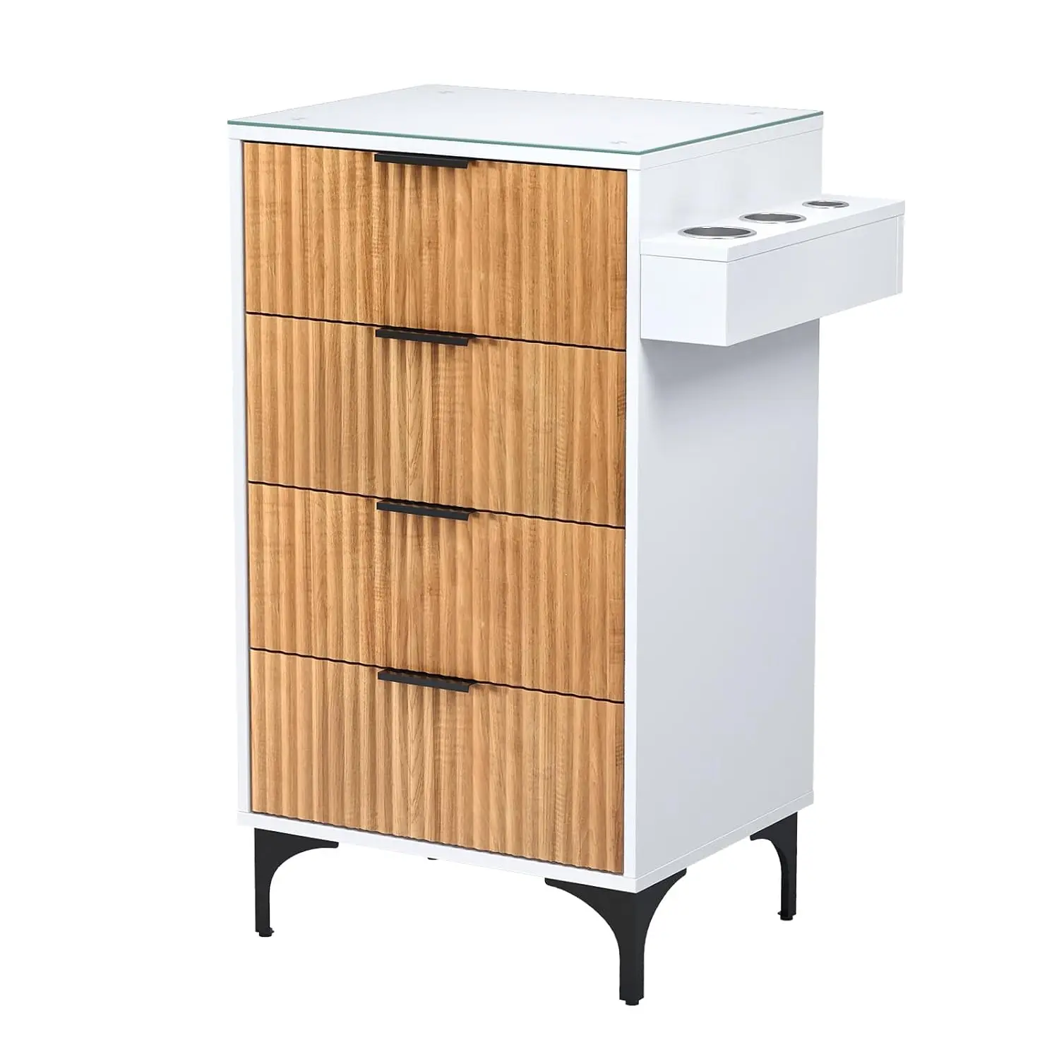 OmySalon Salon Station, Barber Station for Hair Stylist, Storage Cabinet with Glass Top & Drawers & Heat Resistant Dryer Holders, Modern Retro Style For Beauty Salon, White
