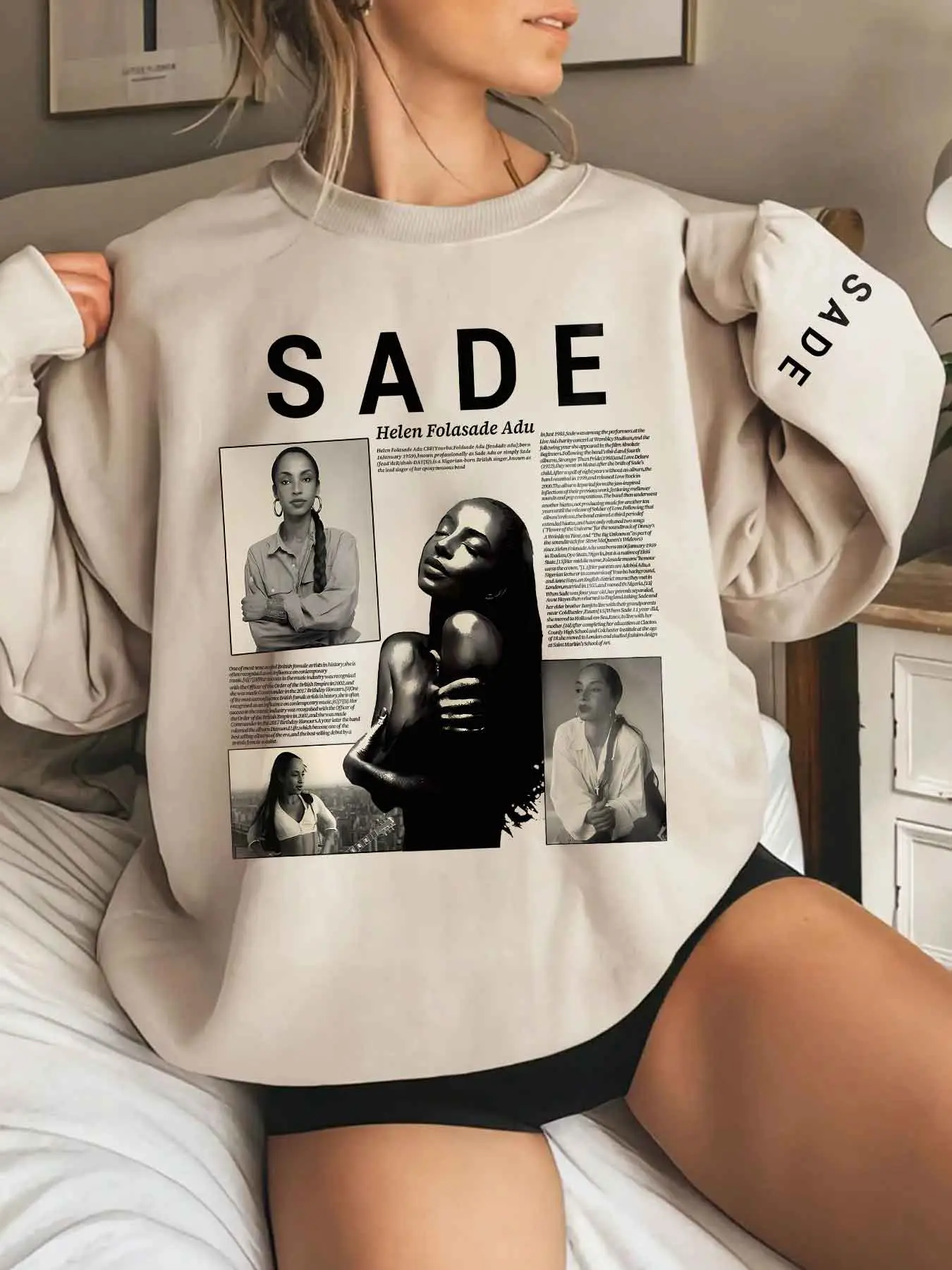 Unisex Sade Character Print Crew Neck Long Sleeve Pullover Sweatshirt, Trendy Casual Daily Wear for Fall & Winter, Loose-Fit Thicken Fabric, Womenswear Tops