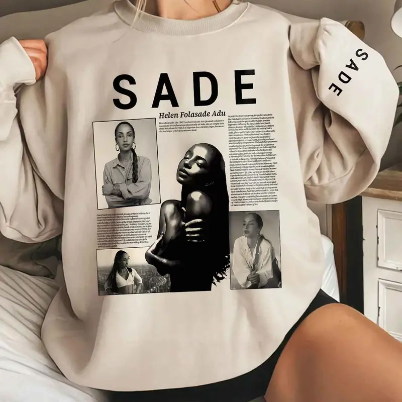 Unisex Sade Character Print Crew Neck Long Sleeve Oversized Pullover Sweatshirt, Trendy Casual Daily Wear for Fall & Winter Loose-Fit Thicken Fabric, Womenswear Tops
