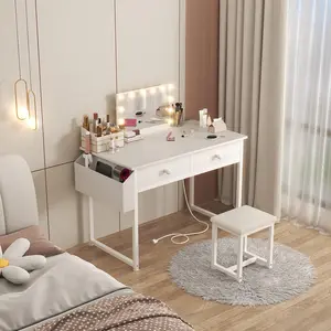 White Makeup Vanity Desk No Mirror with Chair, Small Vanity Table Set with Fabric Drawers, Power Outlet & Chair Without Mirror, Modern Make Up Desk for Girls Bedroom