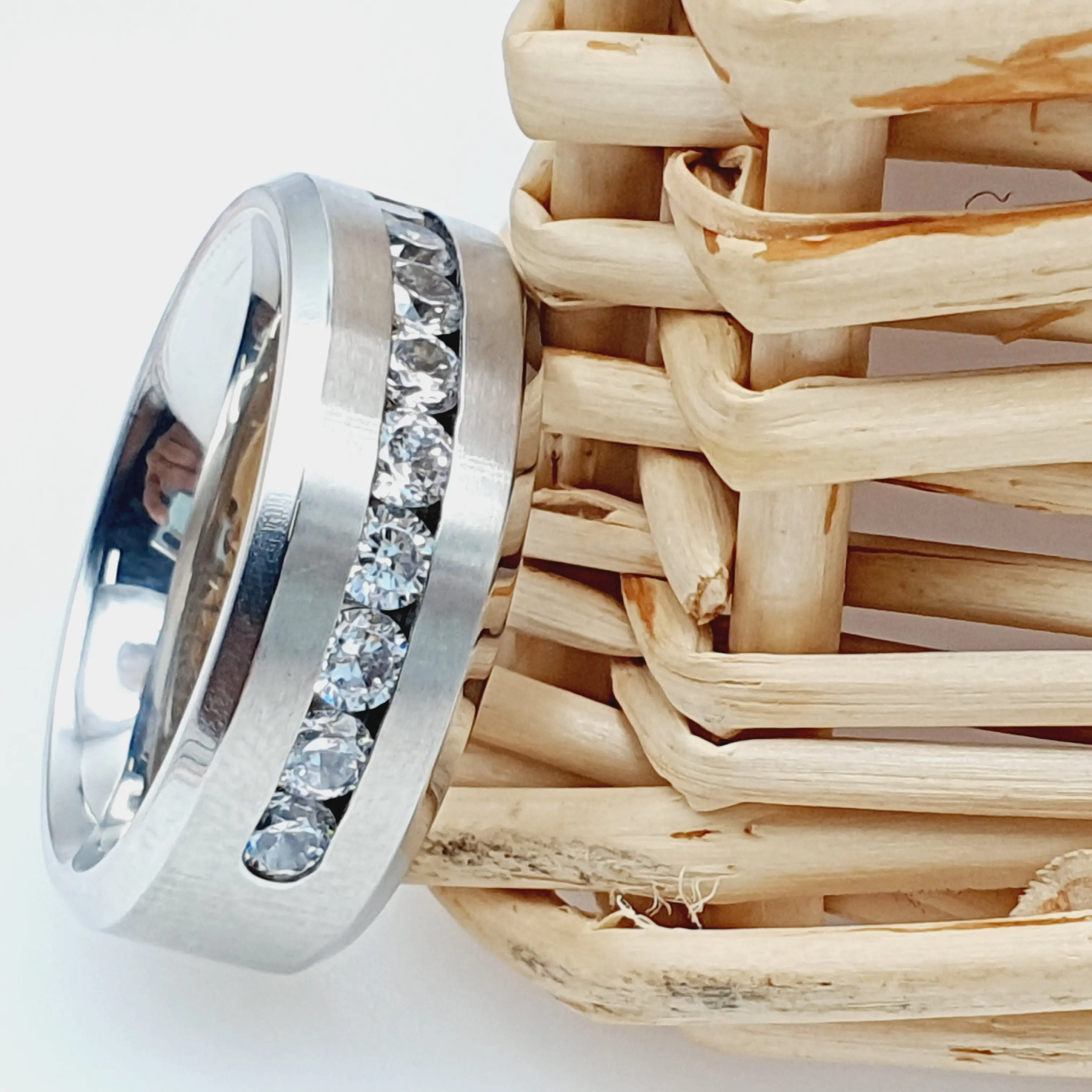 Channel Set Diamond Men's Ring - Unique Engagement Couple Promise Ring - Titanium Band - Silver Ring