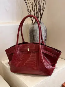 Women's Fashionable Crocodile Embossed Tote Bag, Large Capacity Shoulder Bag for Work & Daily Used, Casual Trendy Versatile High-quality Daily Commuting Bag