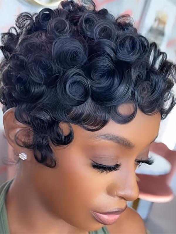 Human Hair Pixie Cut Wig, Short Curly Wavy Wig with Bangs, Natural, Rose Net Cap, Elegant Style for Women, Daily Use, Pixie Wigs Human Hair Pixie Cut Wig, Short Curly Wavy Wig with Bangs, Natural, Rose Net Cap, Elegant Style for Women, Daily Use, Pixie Wigs