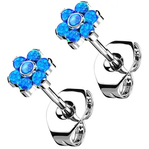 Flower Blue Opalite Titanium Threadless Earrings