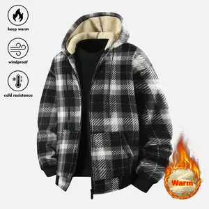 Men's Black and White Plaid Fleece Lined Hooded Jacket Warm Zip Up Soft Coat for Winter Casual Daily Outdoor Wear Long Style