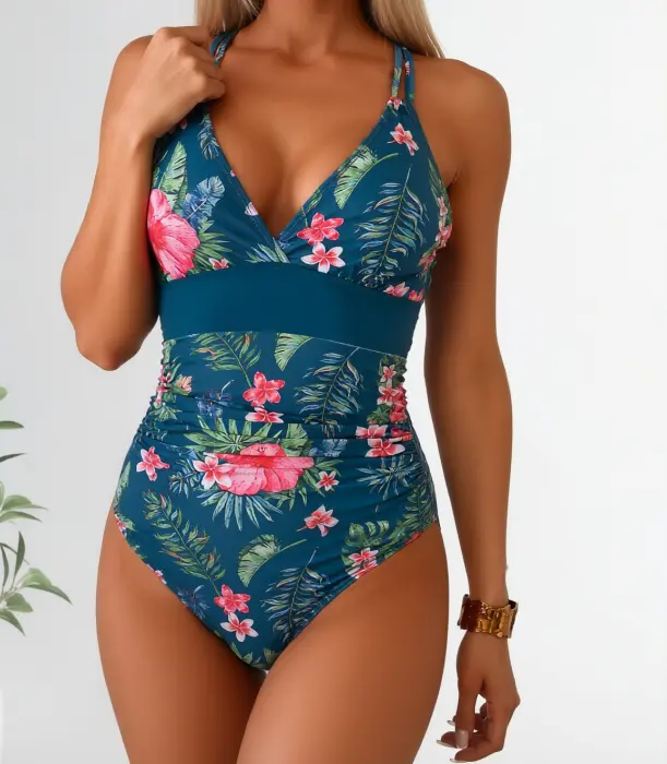 Women's Turquoise Tropical Floral Print 1-Piece Swimsuit - V-Neck, Double Straps, Waist Pleats, Slimming Design, Elastane, Quick Dry, Machine Washable - Perfect for Beach, Pool Vacations, Resort Wear