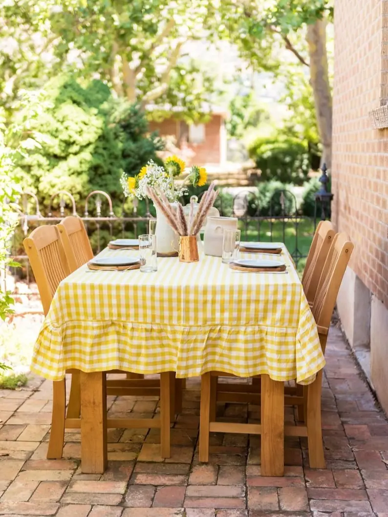 Yellow Ruffled Gingham Tablecloth for Home Decor with Classic Check Pattern and Ruffled Edge Design